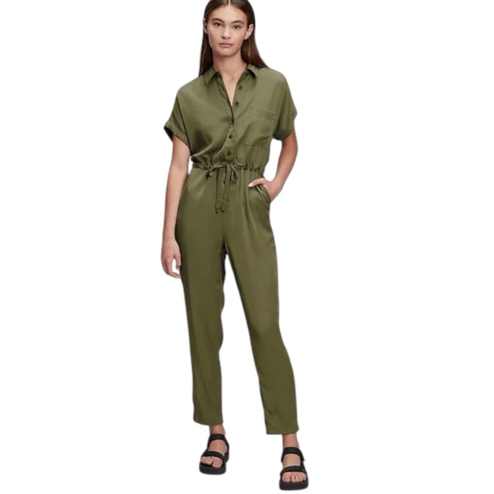 NWT Gap Short‎ Sleeve Button Up Army Jacket Green Jumpsuit 4